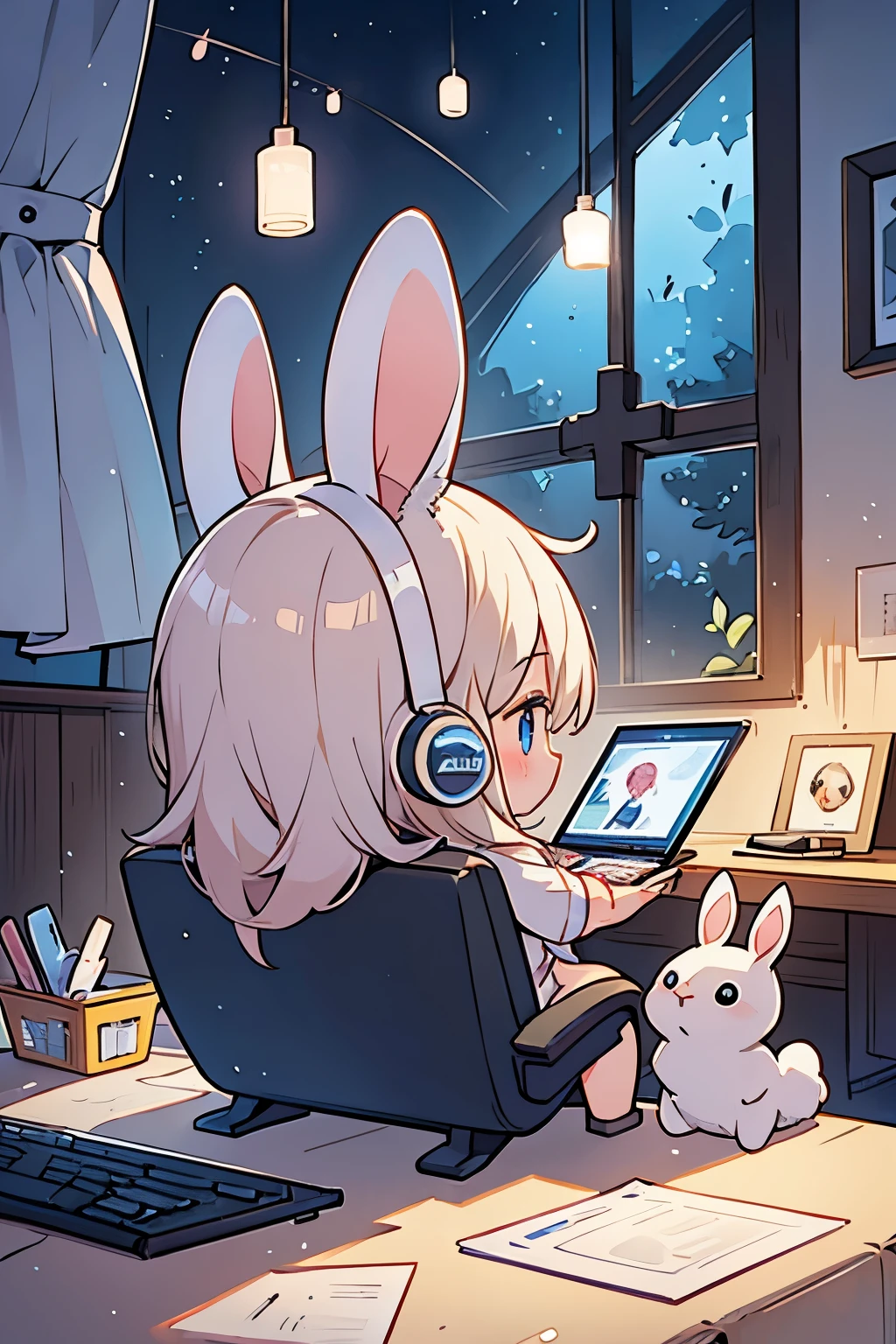 A back view of a baby rabbit wearing a rabbit headset playing a computer game in the room with the lights off