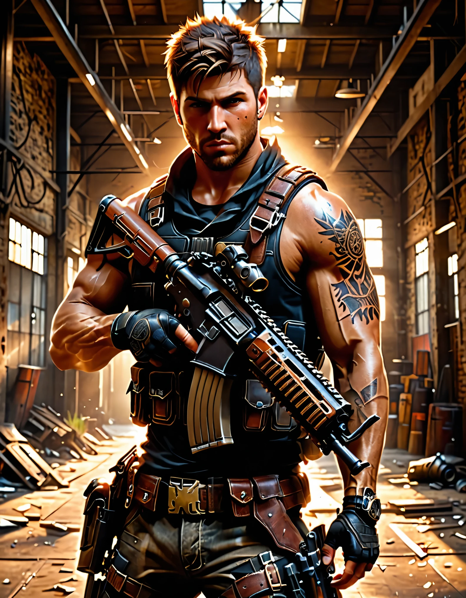best quality, super detail, masterpiece, photography, scene: spacious abandoned warehouse, theme: mercenary, character: male gunslinger, appearance: muscular build, brown hair, short hair, spiky hair, short hair, brown eyes, action: fighting stance, facial expression: smirk, (using assault rifle), tactical vest, mafia sports tattoos, (cybernetic left arm), perspective: 4K.