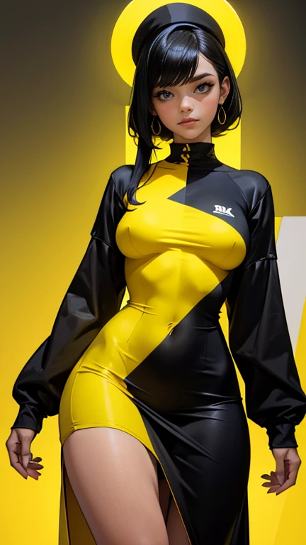 obra maestra, mejor calidad, Alta calidad, extremadamente detallado, 8k wallpaper, 28 year old woman, tes blanca, con un vestido color  con amarillo, ojos color amarillo, difuminando el fondo con toque de neon