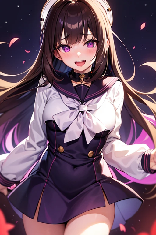 Girl, pale skin, fluffy medium-length brown hair, glowing purple eyes, sailor uniform, laughing maniacally, holding cheeks, cute, yandere, anime