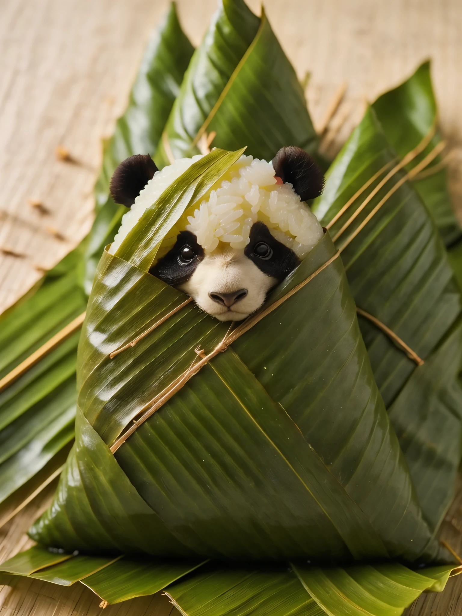 A panda-shaped zongzi, made of glutinous rice, has a cute expression, the lower half of the body is wrapped in tapered leaves, the head sticking out of the leaves, equidistant, cartoon-style, Macro Lens, studio light, nature, soft lighting, film grain, cowboy shot, epiCPhoto