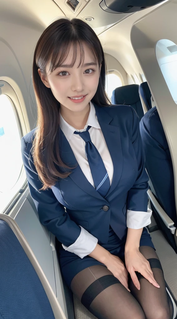(8K, best quality, masterpiece:1.2), (realistic, photo-realistic:1.37), (high color saturation:1.0), (highly detailed skin), (highest quality:1.0), (ultra high resolution:1.0) ,(realistic:1.0), (Super detailed:1.0), (8K, Raw photo:1.1)、standing random pose, smiling, natural breast, perfect lighting, 22years old, (mysterious), clear and detailed, ((ANA_Cabin Crew, blue flight attendant_uniform)), black pantyhose, (aircraft, aircraft seats), cute face,