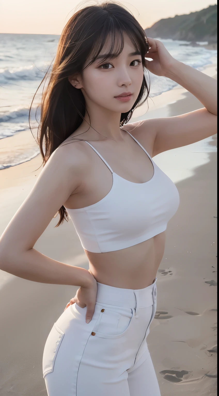 (logo、masterpiece、8k、Tabletop、RAW Photos、wonderful、最high quality、Photorealistic and Very detailed CG integrated 8k wallpaper、high quality、Very detailed、Narrative poem、Particle Effects、Dynamic Effects、Written boundary depth、Cinematic Light、Lens flare、Ray Tracing)、Fantasy、 (One beautiful woman、White pants、White T-shirt、White tube top、White crop top、Black-haired、Beautiful Face、True Face、Beautiful details、eye、Beautiful Skin、Ultimate Body、glamorous)、私の髪はWindに舞う、Hair flutters in Wind、Hair bounces、Seaside、wonderful景色、Coastal、sunrise、Sun in the background、Wind、Beach