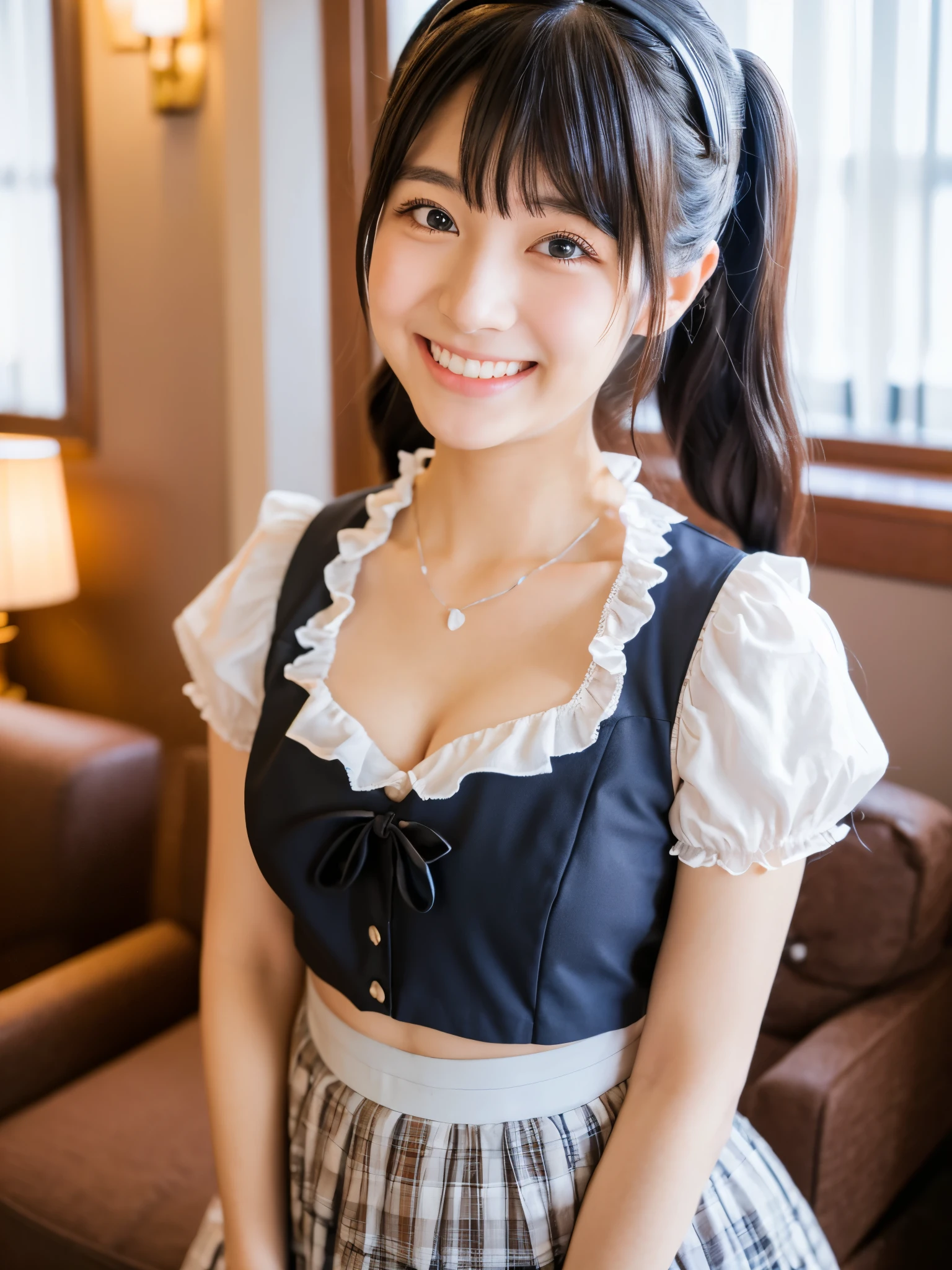 Cute face like an 18-year-old idol Smiling Kindly Japanese Gothic Lolita Cosplay Frills Maid clothes Cleavage (Ultra mini skirt) (Are standing) morning good morning greeting Hotel Living Room (Whole body) RAW Photos High resolution Genuine live-action Accurate depiction Realistic