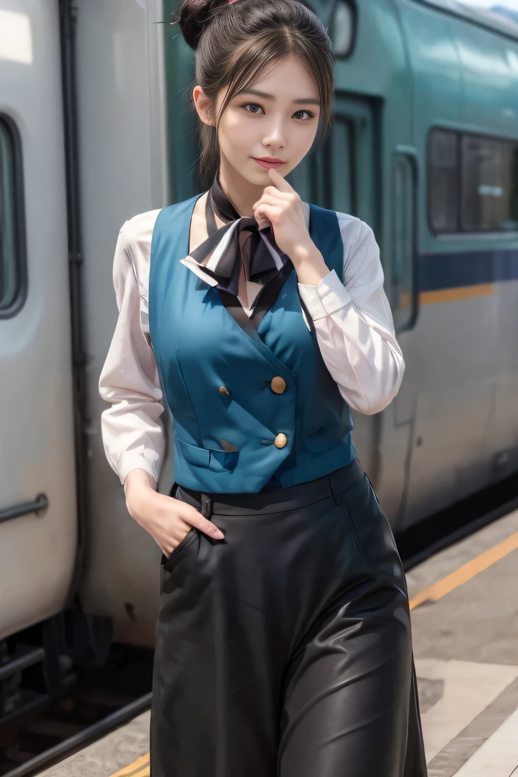 (masterpiece:1.2, highest quality:1.2), 32K HDR, High resolution, (alone、1 girl)、（At the station platform in the afternoon、Professional Lighting）、Background of an empty station platform、（Nankai Train crew uniformを着たリアルスタイル）、（The green vest of the Nankai train crew uniform、Nankai train crew uniform long-sleeved blouse with no collar、Nankai Train Crew Uniform Black Wrap Culottes）、Scarf around the neck、Dark brown hair、（Hair tied up、Hair Bun、Hair Bun）、Dark brown hair、Long Shot、Big Breasts、Thin legs、（（Great hands：2.0）），（（Harmonious body proportions：1.5）），（（Normal limbs：2.0）），（（Normal finger：2.0）），（（Delicate eyes：2.0）），（（Normal eyes：2.0））)、smile、（（A beautiful walker showing off her black wraparound culottes））