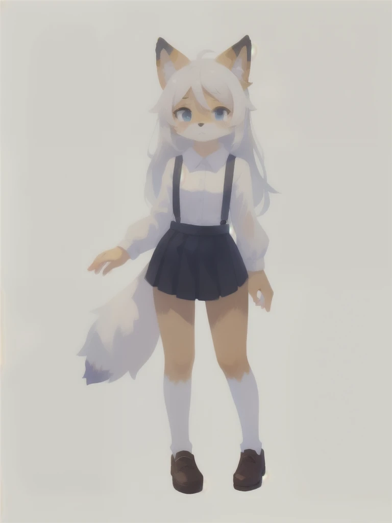 (uploaded on e621, furry, anthro, kemono:1.3),, (best quality, masterpiece, illustration, ultra-detailed:1.3), (white background:1.5), (full body, standing), 1girl, solo, fox girl, long hair, white hair, (suspender skirt, black skirt, white shirt, long sleeves), (looking at viewer:1.3), loafers, blue eyes, (gouache, oil, impressionism)
