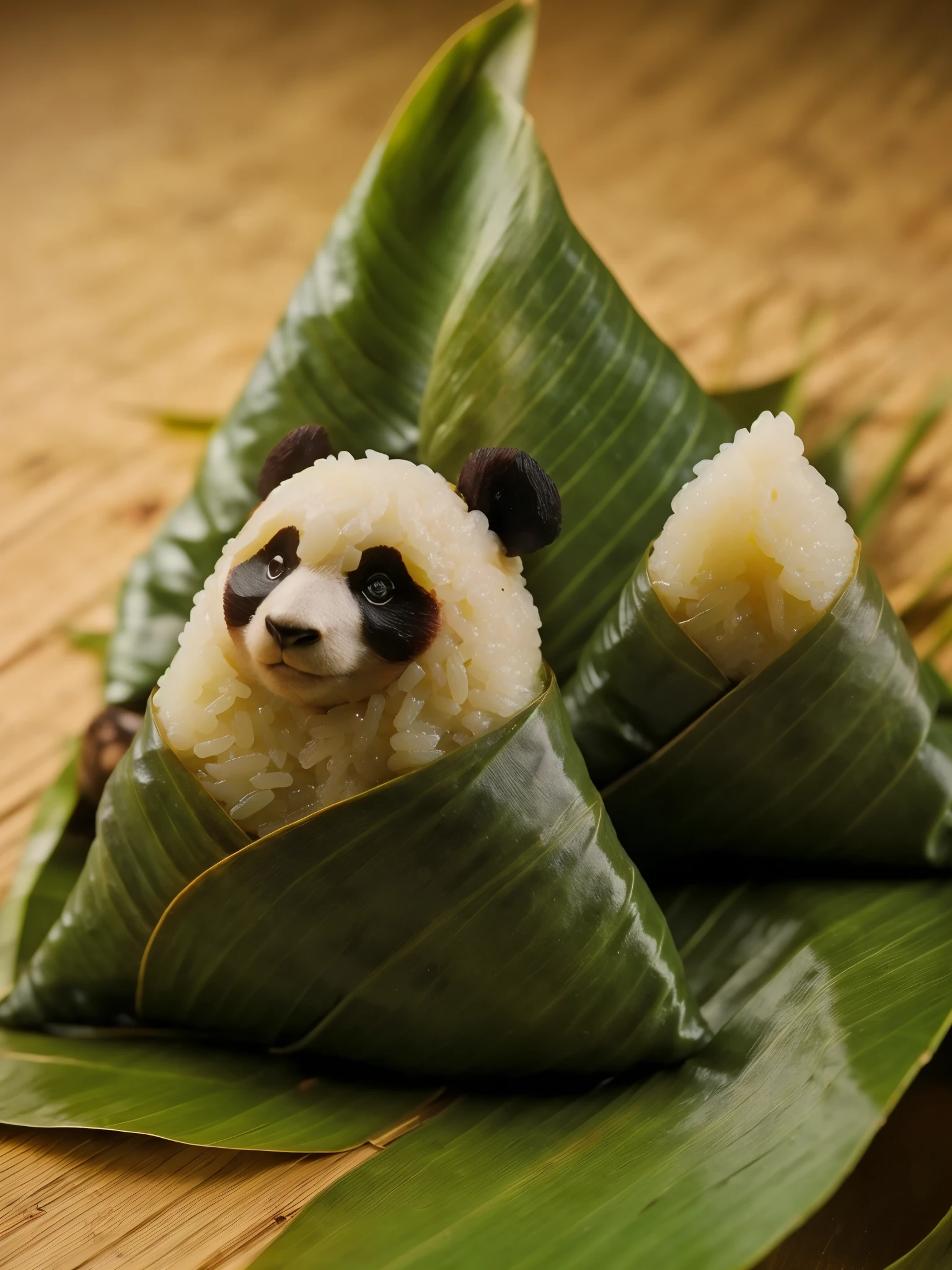 A panda-shaped zongzi, made of glutinous rice, has a cute expression, the lower half of the body is wrapped in tapered leaves, the head sticking out of the leaves, equidistant, cartoon-style, Macro Lens, studio light, nature, soft lighting, film grain, cowboy shot, epiCPhoto