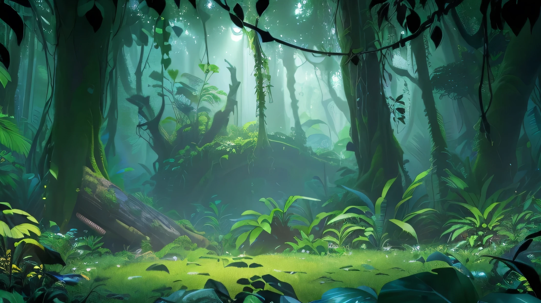 a lush, dense, overgrown jungle environment, intricate foliage, beautiful detailed leaves, vines, branches, rocks, mossy logs, sunlight filtering through the canopy, vibrant colors, dramatic lighting, art nouveau inspired jungle scene, fantasy forest background, 2D game art style, cinematic composition, detailed environment, highly detailed, photorealistic, (best quality,4k,8k,highres,masterpiece:1.2),ultra-detailed,(realistic,photorealistic,photo-realistic:1.37),HDR,vivid colors,dramatic lighting