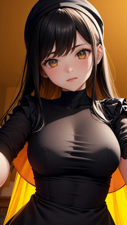 obra maestra, mejor calidad, Alta calidad, extremadamente detallado, 8k wallpaper, 28 year old woman, tes blanca, con un vestido color negro con amarillo, ojos color amarillo, difuminando el fondo con toque de neon