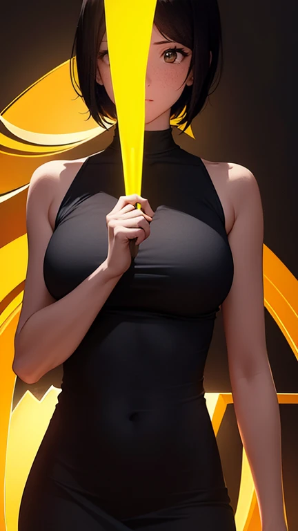 obra maestra, mejor calidad, Alta calidad, extremadamente detallado, 8k wallpaper, 28 year old woman, tes blanca, con un vestido color negro con amarillo, ojos color amarillo, difuminando el fondo con toque de neon
