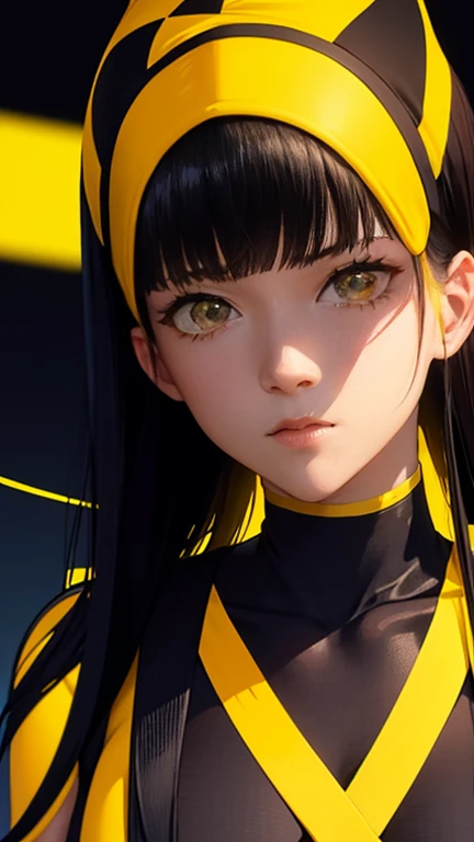 obra maestra, mejor calidad, Alta calidad, extremadamente detallado, 8k wallpaper, 28 year old woman, tes blanca, con un vestido color negro con amarillo, ojos color amarillo, difuminando el fondo con toque de neon