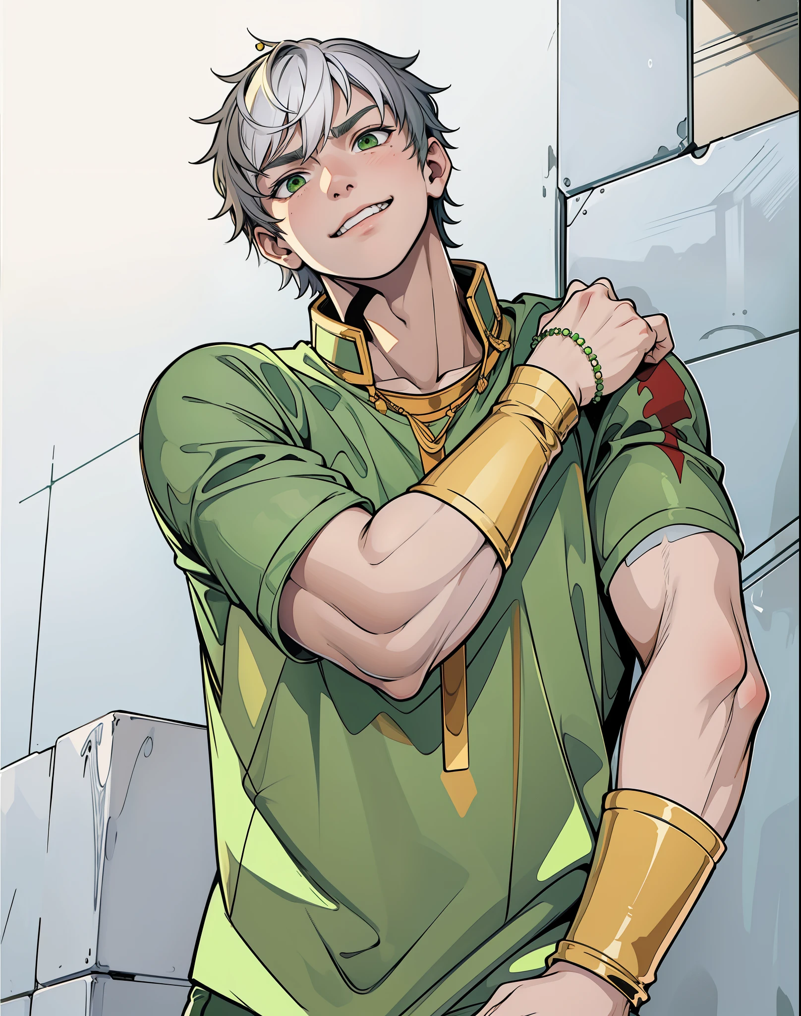 He is worried, a little scared, 17 year old young man, white hair, green eyes, golden jewelry, old green t-shirt.