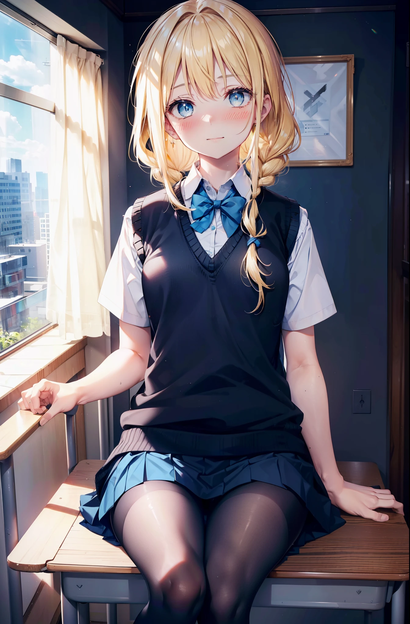 Arisburg, Alice Zuberg, bangs, blue eyes, Blonde Hair, Long Hair,Hair between the eyes,Long braids, hair band, white hair band,smile,blush,
break outside, Residential Street,city,break skirt, shirt, bow, ribbon, , white shirt, Short sleeve, Pleated skirt, collared shirt, mini skirt, bowtie, Black Loafers , Black Skirt, Black pantyhose, Brown loafers, green bow, Sweater vest, ( blue Sweater vest:1.5),sitting cross-legged on a chair,whole bodyがイラストに入るように,　　　　　　　breakindoors ,School,classroom,
break looking at viewer, whole body,
break (masterpiece:1.2), highest quality, High resolution, unity 8k wallpaper, (shape:0.8), (Fine and beautiful eyes:1.6), Highly detailed face, Perfect lighting, Highly detailed CG, (Perfect hands, Perfect Anatomy),