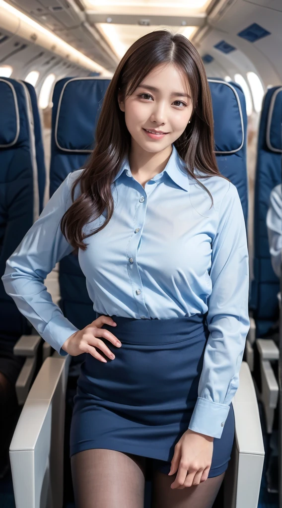 (8K, best quality, masterpiece:1.2), (realistic, photo-realistic:1.37), (high color saturation:1.0), (highly detailed skin), (highest quality:1.0), (ultra high resolution:1.0) ,(realistic:1.0), (Super detailed:1.0), (8K, Raw photo:1.1)、standing random pose, smiling, natural breast, perfect lighting, 22years old, (mysterious), clear and detailed, ((ANA_Cabin Crew, blue flight attendant_uniform)), black pantyhose, (aircraft, aircraft seats), cute face,
