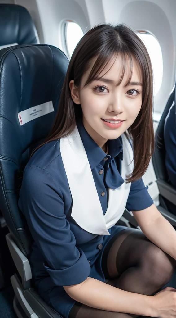 (8K, best quality, masterpiece:1.2), (realistic, photo-realistic:1.37), (high color saturation:1.0), (highly detailed skin), (highest quality:1.0), (ultra high resolution:1.0) ,(realistic:1.0), (Super detailed:1.0), (8K, Raw photo:1.1)、standing random pose, smiling, natural breast, perfect lighting, 22years old, (mysterious), clear and detailed, ((ANA_Cabin Crew, blue flight attendant_uniform)), black pantyhose, (aircraft, aircraft seats), cute face,