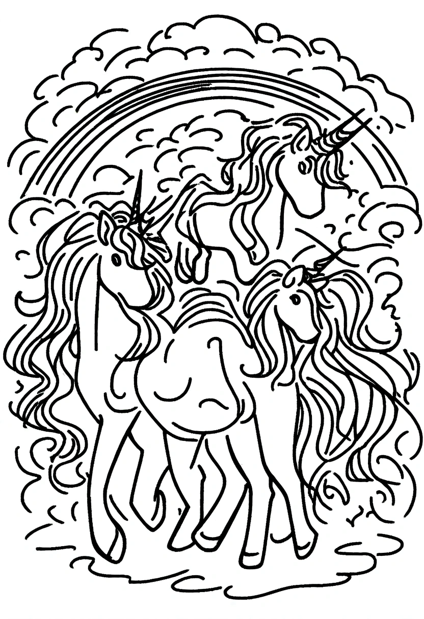 different unicorns surrounded by clouds and rainbows, coloring page for kids, line art, no color, white background