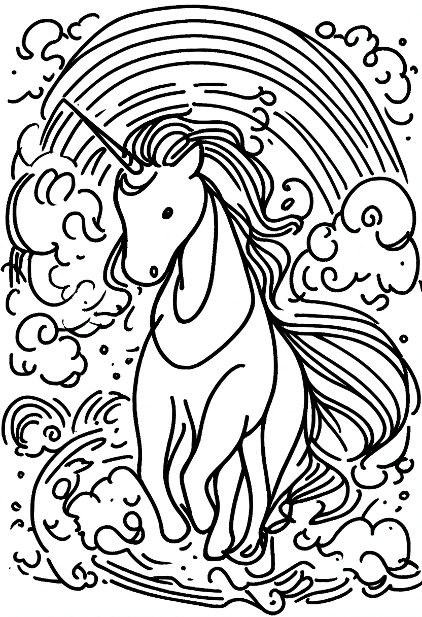 different unicorns surrounded by clouds and rainbows, coloring page for kids, line art, no color, white background