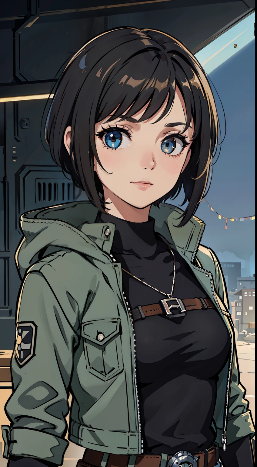 (high-quality, breathtaking),(expressive eyes, perfect face) Symmetrical Eyes, portrait, Star Wars Universe, 1girl, female, adult, mechanic, punk jacket, shirt, short sleeved, gloves, pants, belt, wrench, crystals, messy hair, black hair color, brown eye color, short hair length, stylized hairstyle, pixie haircut, tall, technician outfit, engineer, sci fi workshop background, work bench, tools, mature, narrow eyes, dog tag necklaces, soft smile, soft eyelashes, age 28
