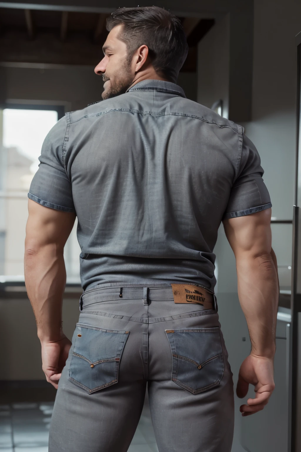 Award-winning original photoen, 30 years old man and wild muscular man, 40 years old, short beards, burly, hunk, wearing shirts, smilling happil, detailed, lovely, full body, (((gray jeans))) (((backside)))