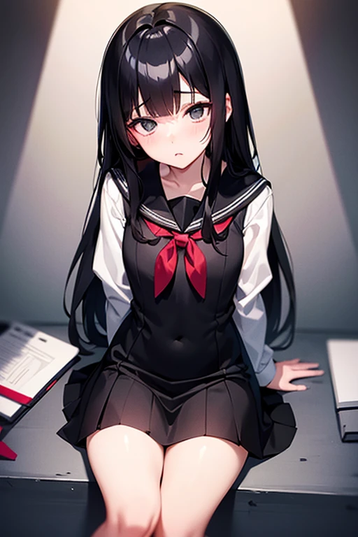 Girl, pale skin, fluffy black hair, black eyes, sailor uniform, blank expression, cute, yandere, anime