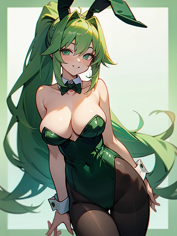 green heart, greenx, very long hair, ponytail, large breasts, pantyhose, playboy bunny, bare shoulders, smile, cowboy shot, highly detailed, HD, 4K, Masterpiece, highres