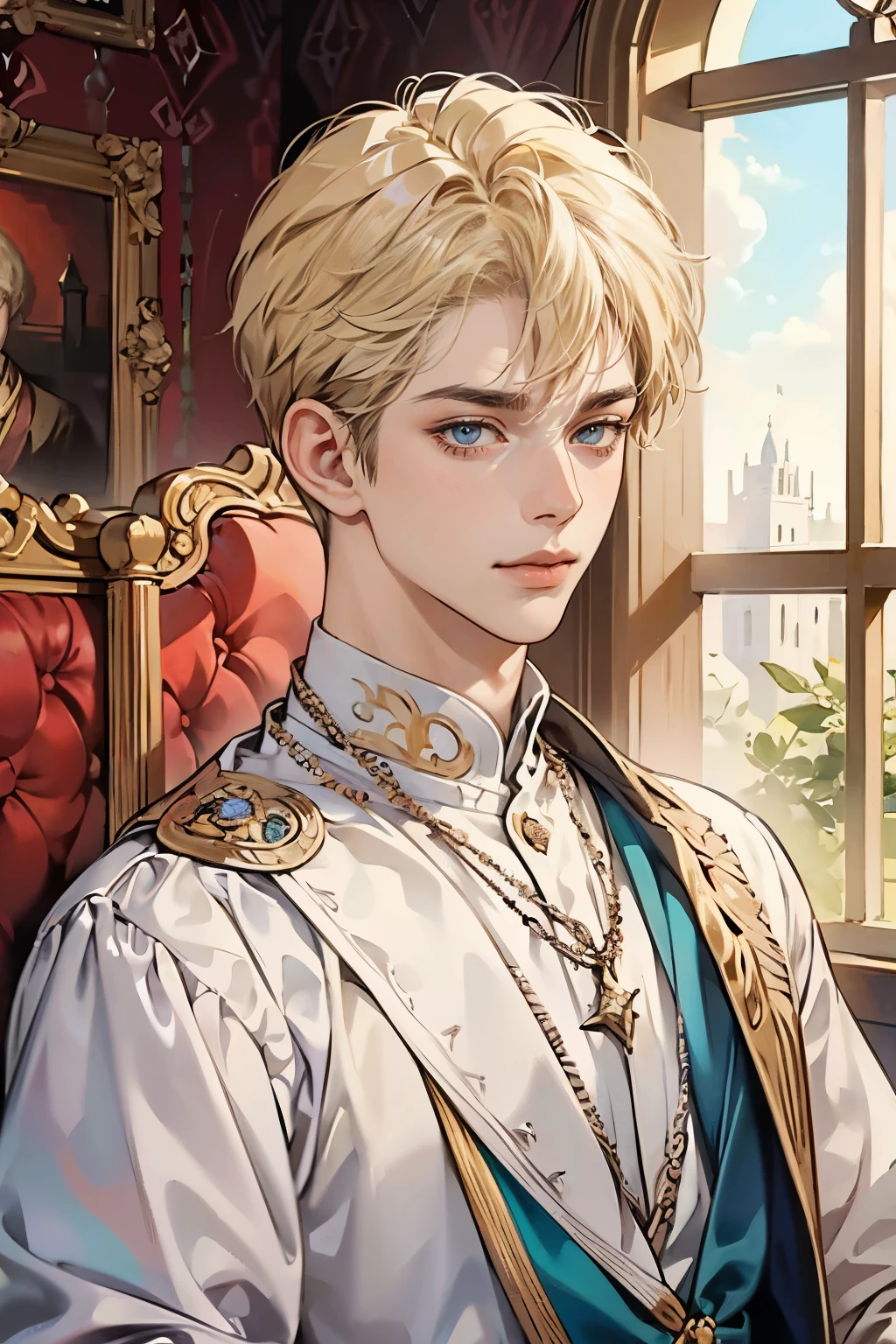 masterpiece, best quality, 1 boy, portrait, looking at viewer, Blonde short hair, medieval prince, wearing white noble clothing, in the palace, Fine details, jewellery,