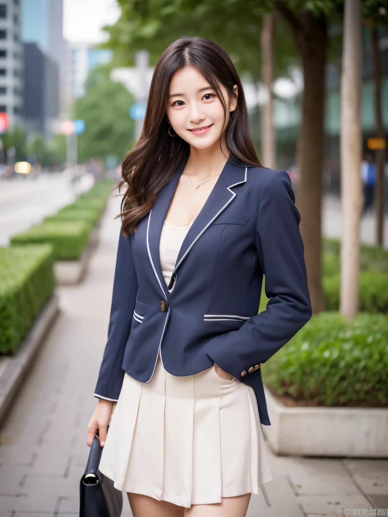 masterpiece、超High resolution、She is very cute and young like an idol..々A 20-year-old businesswoman with a cute face、Gentle and cute、A kind smile、A business jacket that shows off cleavage、Medium Bust、Business Mini Skirt、Walking on urban sidewalks whole body、RAW Photos、Genuine、High resolution、live-action