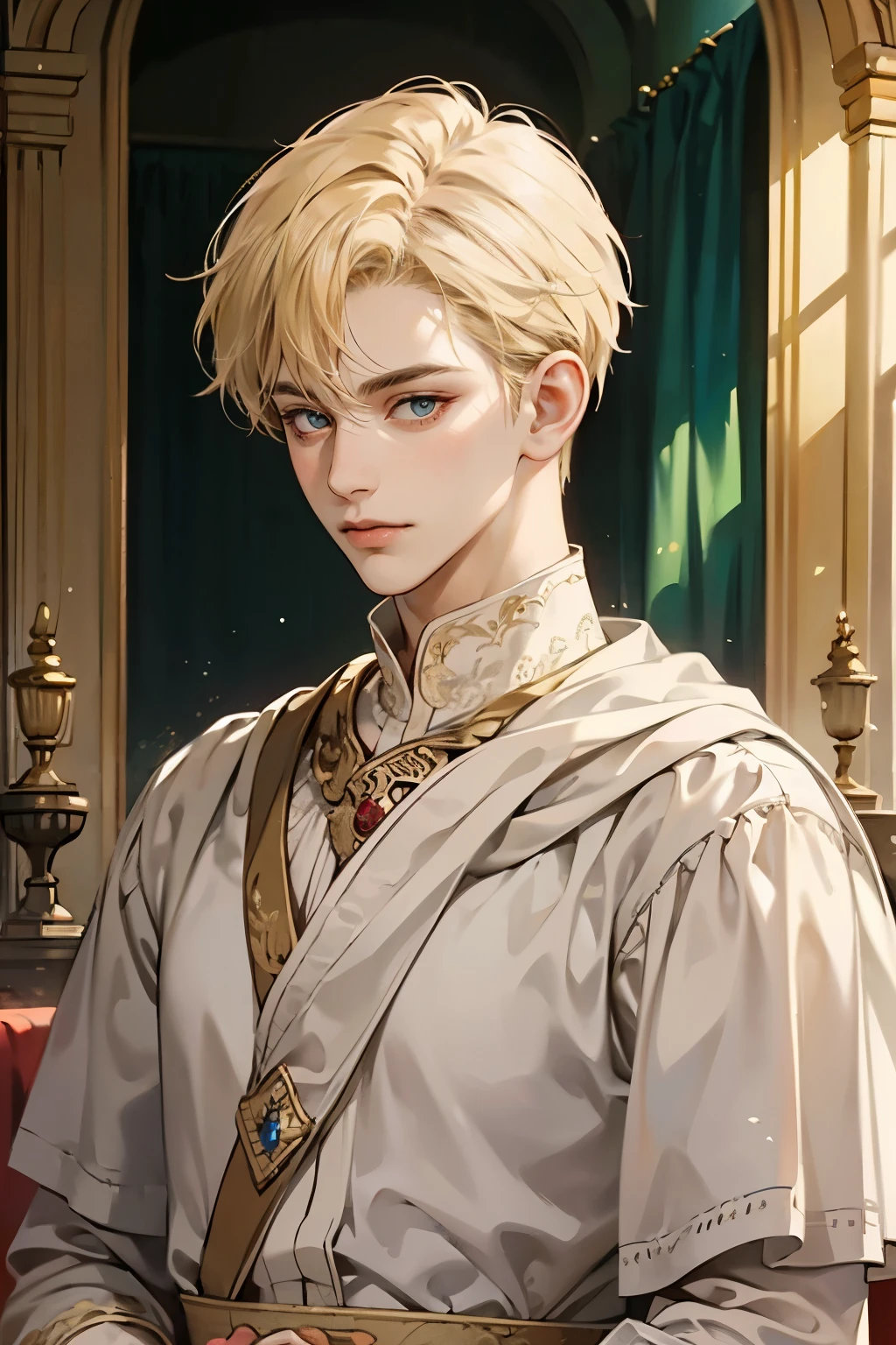 masterpiece, best quality, 1 boy, portrait, looking at viewer, Blonde short hair, medieval prince, wearing white noble clothing, in the palace, Fine details, jewellery,