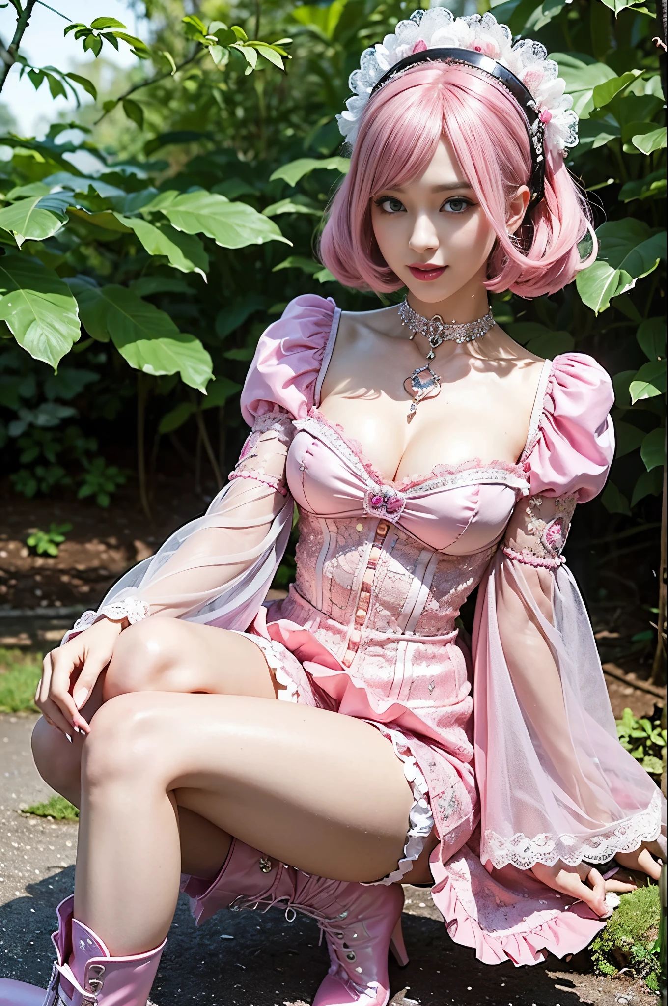 (nsfw), sexy stylish Swedish model, only 1 female, ((doll-like appearance)), short neon pink stylish hair, ((shiny Victorian-Style boots)), (big smile), ultra detailed eyes, vivid eye makeup, lipgloss, long lashes, defined eyebrows, ((sexy Paradise Kiss cosplay)), bell-shaped skirt, petticoats, high neckline, puffed sleeves, ((ultra detailed lace)), ((ultra detailed embroidery)), intricate details, Paradise Kiss accessoires and matching headpiece, choker, ((large sparkling Paradise Kiss jewelry)), cinematic light, detailed large park background with trees