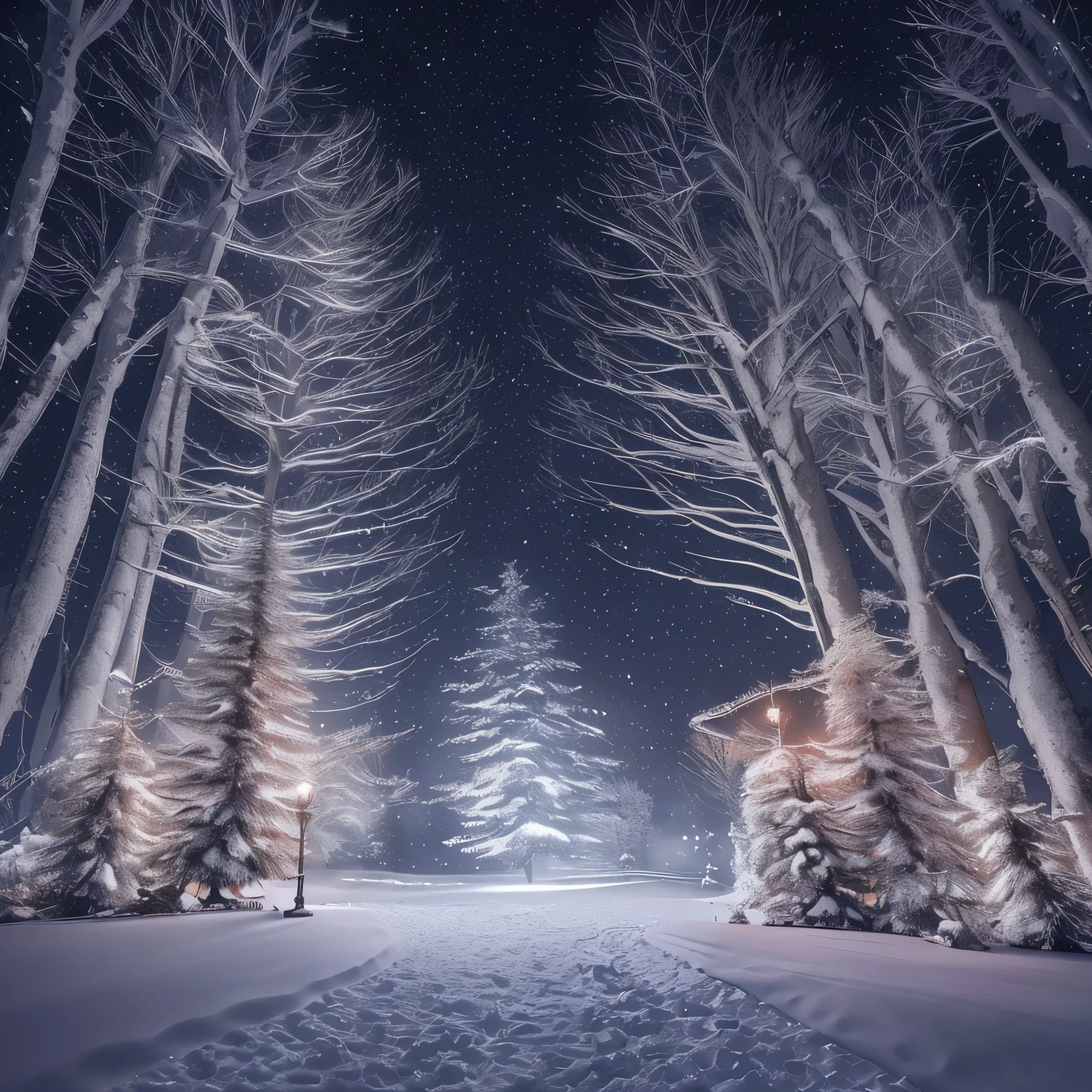 snowy trees and a city lit up at night in the distance, a tilt shift photo by Raphaël Collin, pexels contest winner, romanticism, snowy night, winter night, winter setting, dark winter evening, cold but beautiful, snow glow, atmospheric cold lighting, snowfall at night, warm glow from the lights, beautiful small town, scenic view at night