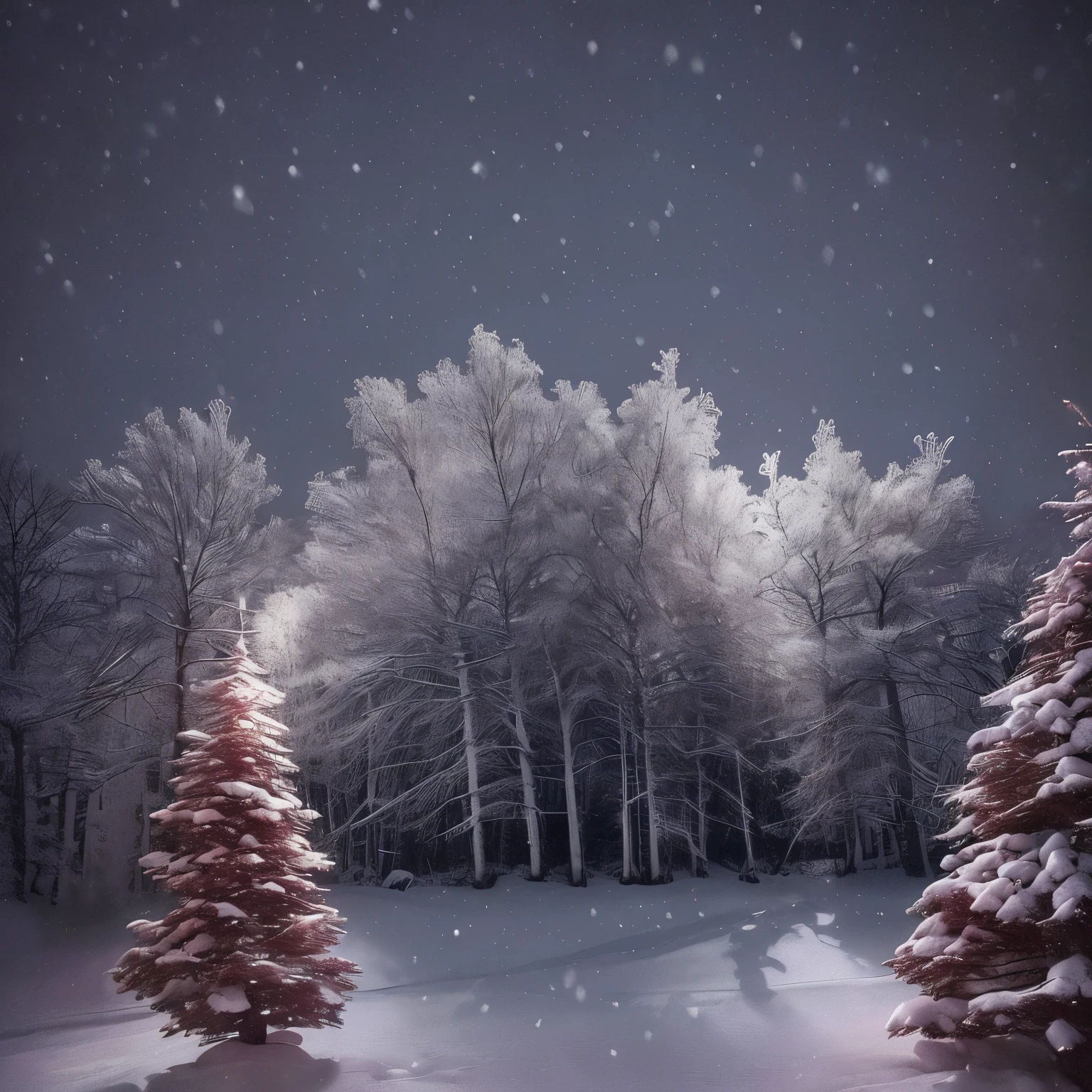 snowy trees and a city lit up at night in the distance, a tilt shift photo by Raphaël Collin, pexels contest winner, romanticism, snowy night, winter night, winter setting, dark winter evening, cold but beautiful, snow glow, atmospheric cold lighting, snowfall at night, warm glow from the lights, beautiful small town, scenic view at night