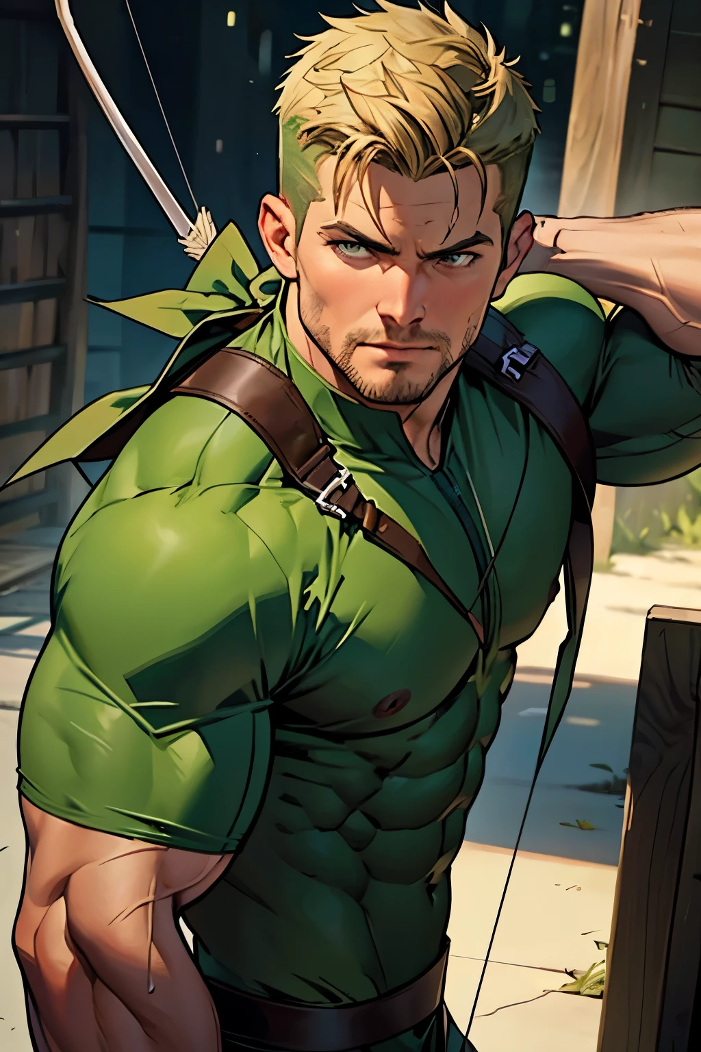 8k, high quality , detailed face , detailed fingers ,detailed muscles stephen amell as green arrow , wearing dark green outfit , showing a dark blond short hair , a thick facial hair , hard nipples, a bulge ,hunk and handsome, aiming with his bow and arrow toward the ennemy