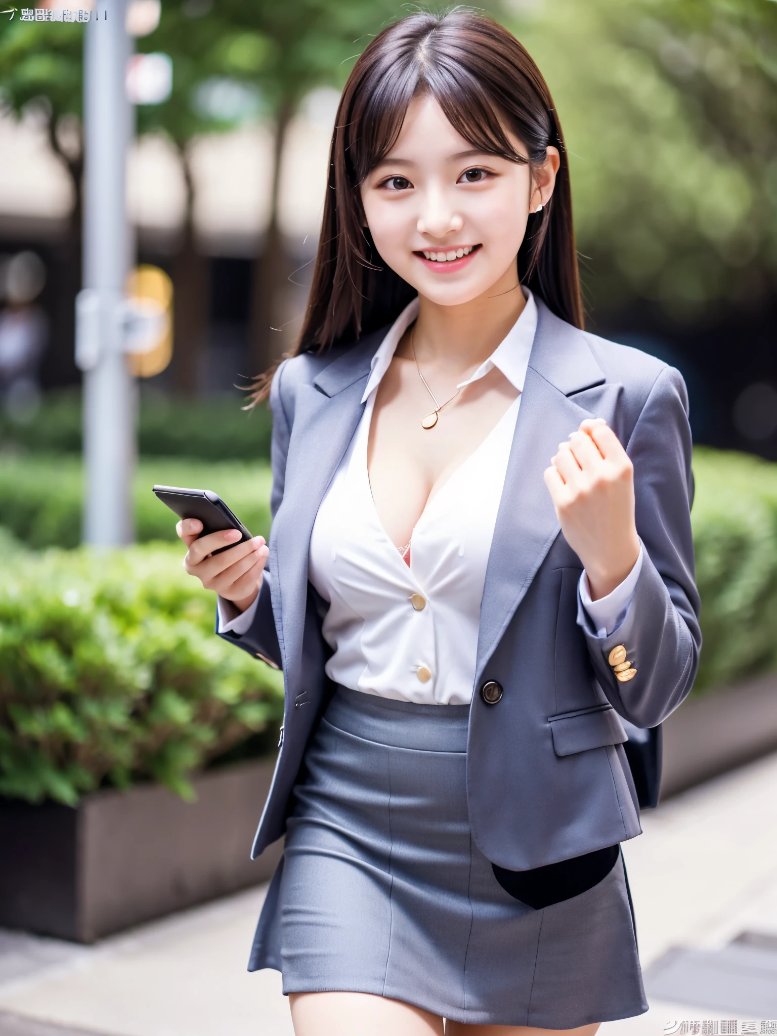 masterpiece、超High resolution、She is very cute and young like an idol..々A cute 18-year-old businesswoman、Gentle and cute、A kind smile、A business jacket that shows off cleavage、Medium Bust、Business Mini Skirt、Walking on urban sidewalks whole body、RAW Photos、Genuine、High resolution、live-action