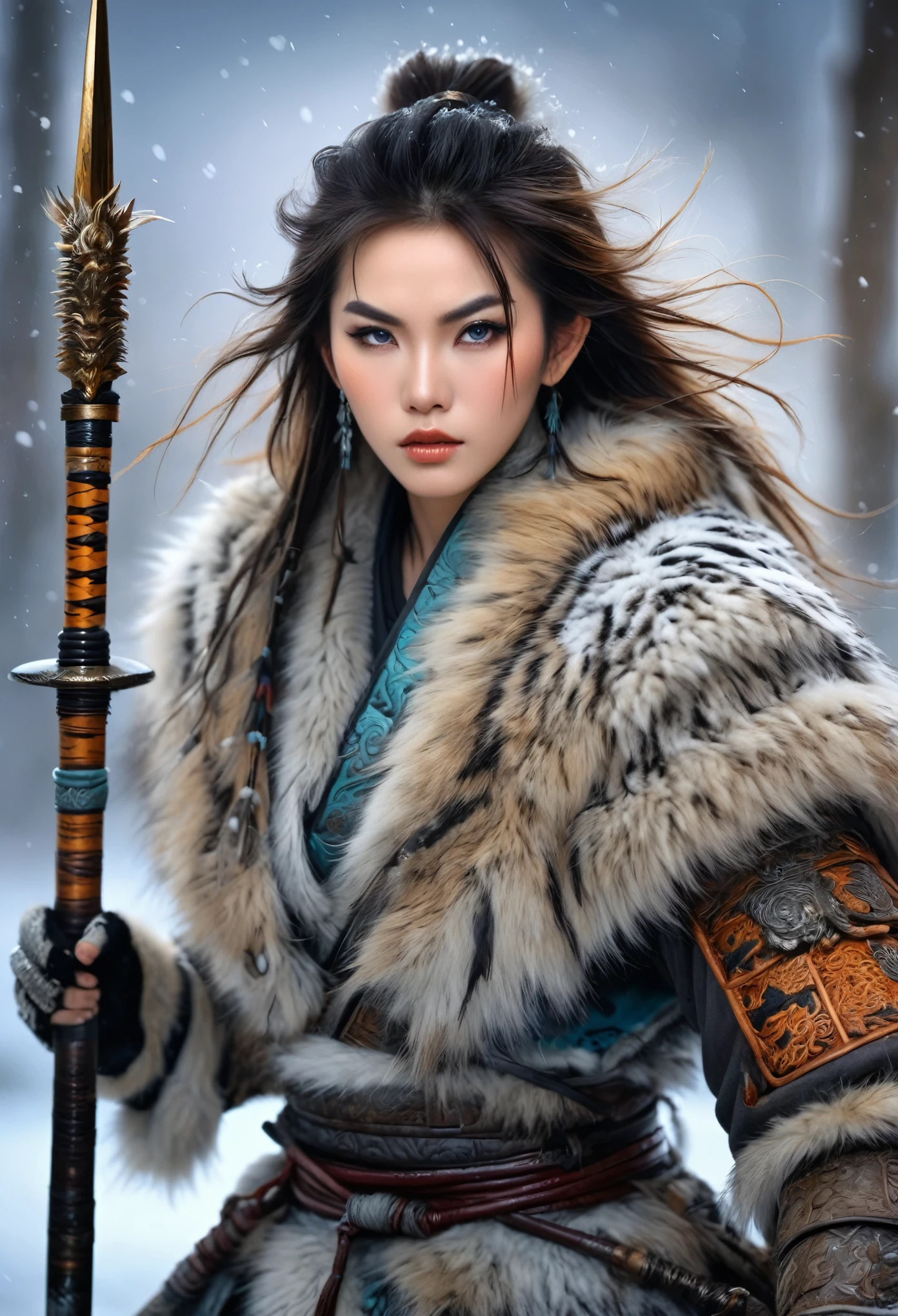 (best quality,4k,8K,High resolution,masterpiece:1.2),Extremely detailed,(Practical,photoPractical,photo-Practical:1.37),Thick fur winter coat,Creative fusion of traditional Chinese design patterns and contemporary elements, Messy hair, Intense expression, Energetic, Sharp eyes, 1 Samurai, Handsome face, Tiger beast, Epic Fantasy Character Art, wearing intricate fur armor, Luis Royo (Luis Royo) style, Northern female warrior holding a spear, HDR, Ultra HD, Studio Lighting, Super Fine, Clear focus, Physically Based Rendering, Extremely detailed的描述, professional, Bright colors, Bokeh, portrait, landscape