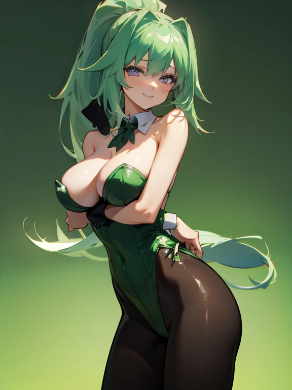 green heart, greenx, very long hair, ponytail, large breasts, pantyhose, playboy bunny, bare shoulders, smile, cowboy shot, highly detailed, HD, 4K, Masterpiece, highres
