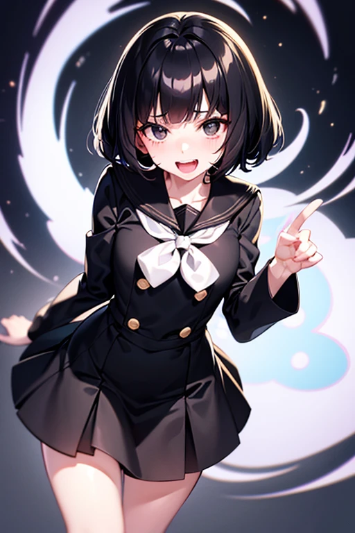 Girl, pale skin, short fluffy black hair, black eyes, sailor uniform, laughing maniacally, cute, bully, yandere, anime