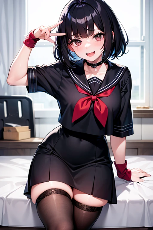 Girl, pale skin, short fluffy black hair, black eyes, sailor uniform, laughing maniacally, cute, bully, yandere, anime