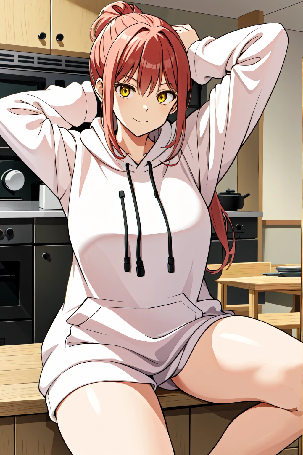 makima\(chainsaw man\), long sleeves, red hair, large breasts, solo, looking at viewer, thick thighs, hand in lap, yellow eyes, 1girl, thick hoodie, heavy hoodie, long flowing hair, indoors, white hoodie strings, makima, 36 year old mature woman, milf, (standing in kitchen), serious eyes contraditing smile, beautiful japanese home, extremely welcoming, long face, no pants, oversized hoodie, 3/4, body shot, light pink hoodie almost white, ponytail, tight hoodie, hands on head, arms up