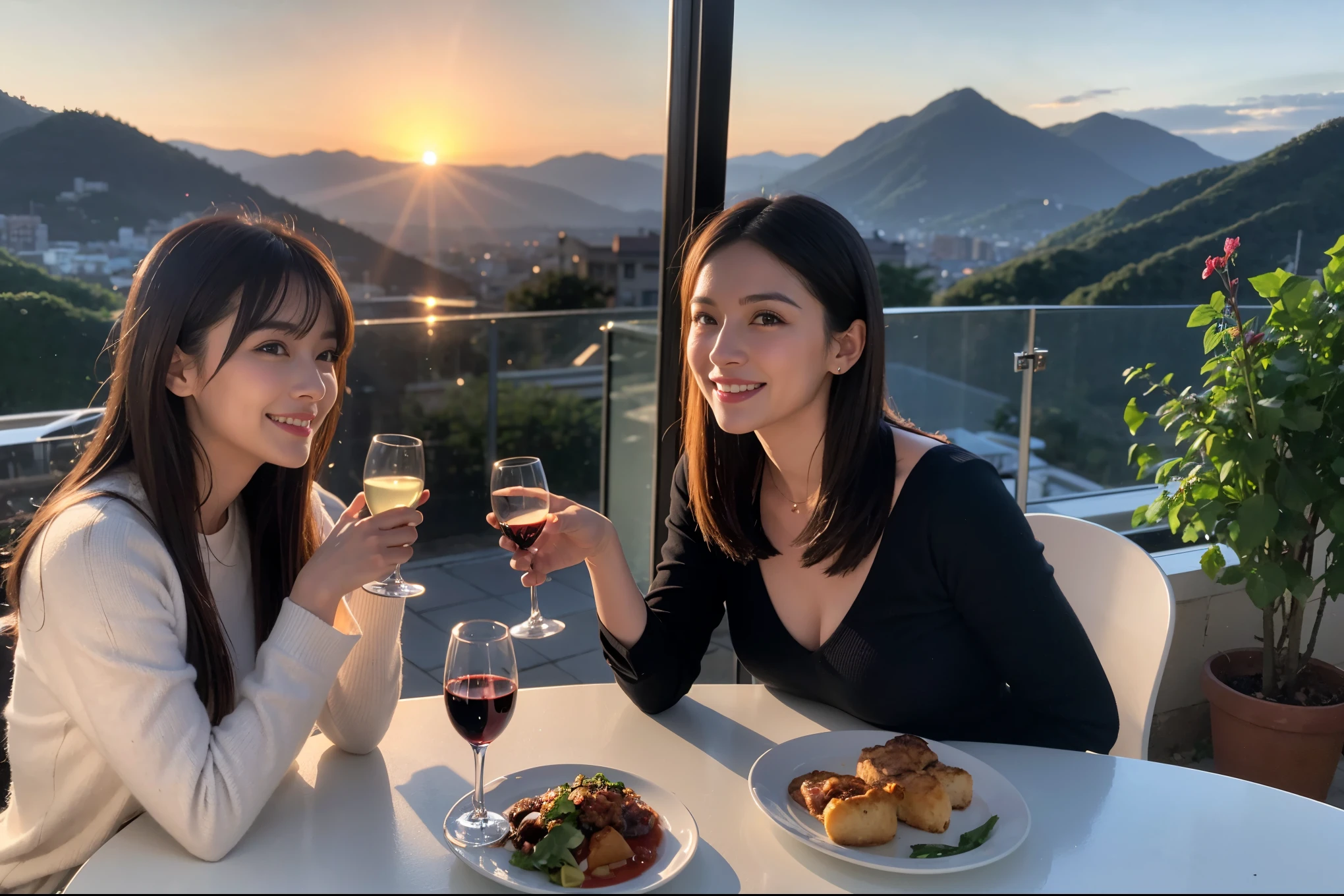 ((highest quality、8k、masterpiece:1.3))、1 male 1 female、spouse、Beautiful couple、smile、 (Slim face), (the body is スリム), (Brown Hair), (Shortcuts), ((Bob Hale、Straight hair:1.2)), テーブルの上のwine glass、Please shine a light on my face、 Amazing view of the sunset sky and clouds、Amazing mountain views、smileの美しさ、Bright image、Blushing, Shortcuts,Bright Face、 (42 years old), 39 years old, red wine 、Appetizers、Italian food、Wine bottle、Champagne、sparkling wine、Long sleeve shirt、dress、Attractive beauty、restaurant, Nova Frog Style, actress, model, Upper Body, White wine, red wine, wine glass,