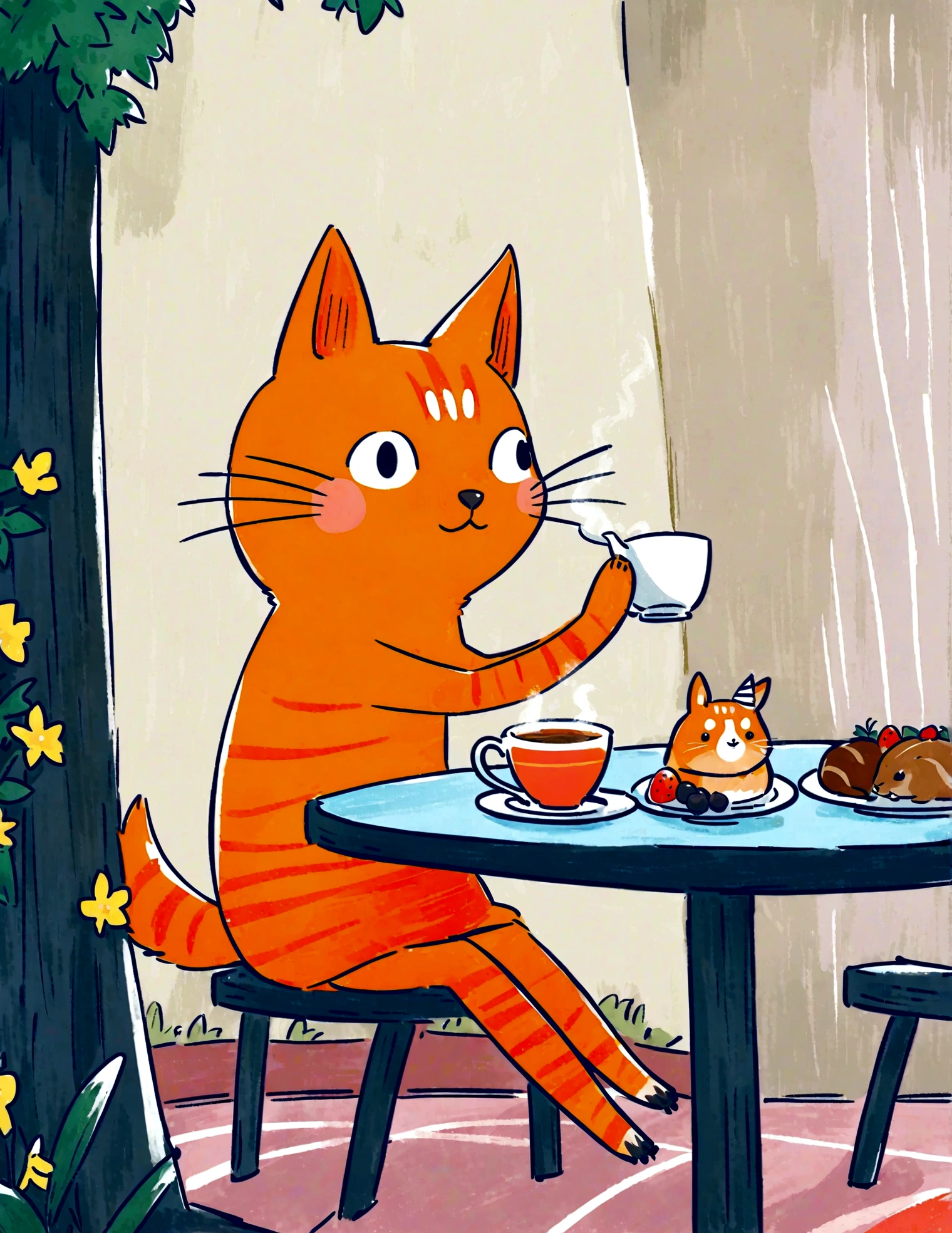tea party with forest animals. The cat is seated at a small table with rabbits, squirrels, and birds, all enjoying tea and pastries. The background includes a cozy woodland setting with flowers and greenery, creating a charming and delightful atmosphere.