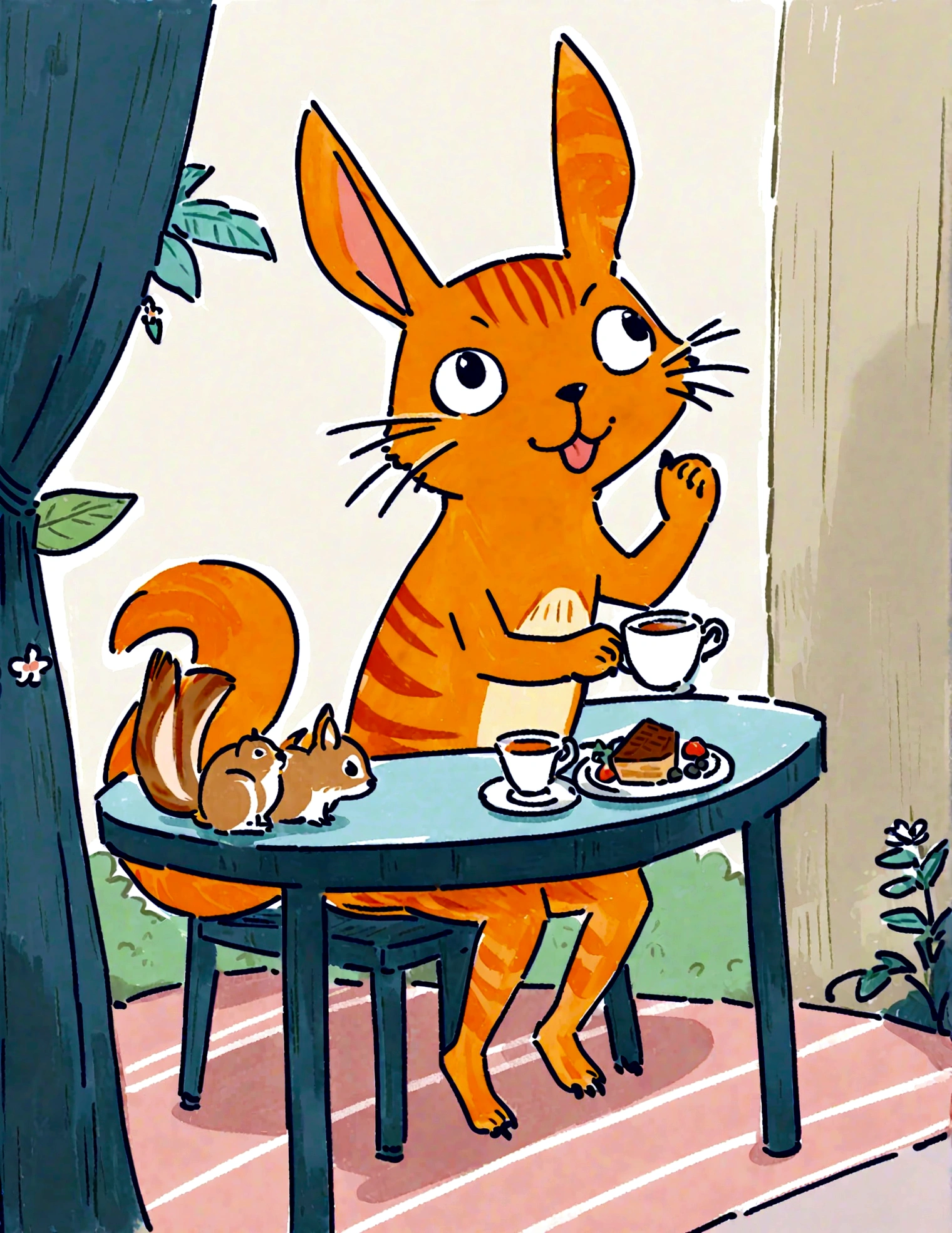 tea party with forest animals. The cat is seated at a small table with rabbits, squirrels, and birds, all enjoying tea and pastries. The background includes a cozy woodland setting with flowers and greenery, creating a charming and delightful atmosphere.