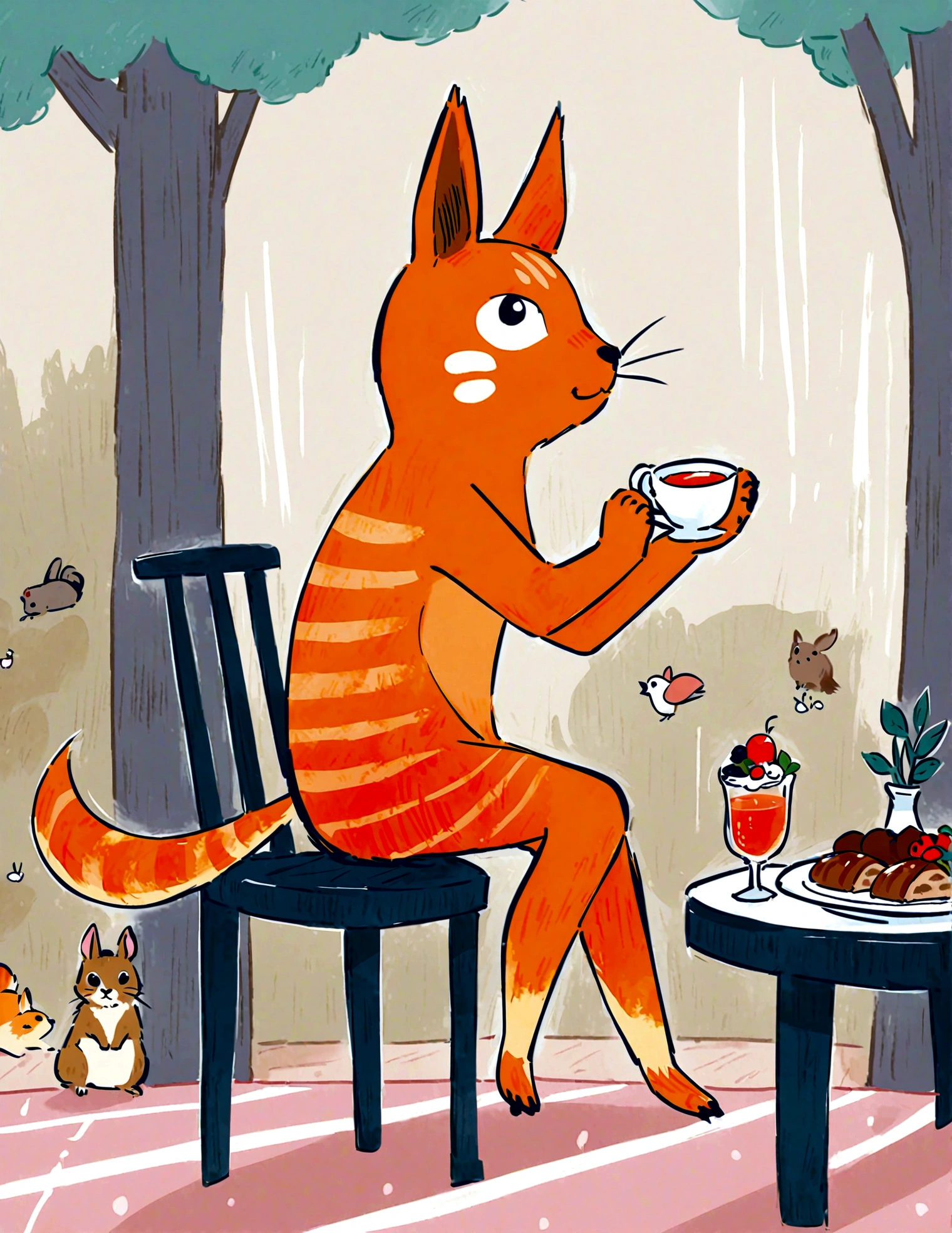 tea party with forest animals. The cat is seated at a small table with rabbits, squirrels, and birds, all enjoying tea and pastries. The background includes a cozy woodland setting with flowers and greenery, creating a charming and delightful atmosphere.