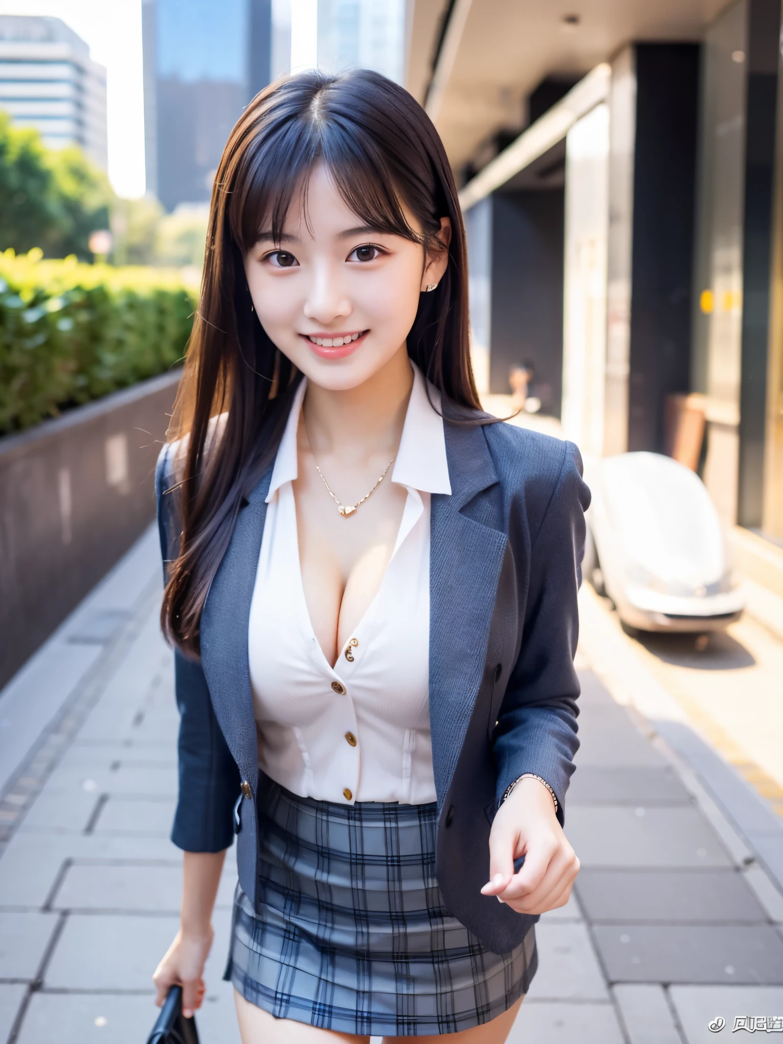 masterpiece、超High resolution、She is very cute and young like an idol..々A cute 18-year-old businesswoman、Gentle and cute、A kind smile、A business jacket that shows off 、Medium Bust、Business Mini Skirt、Walking on urban sidewalks whole body、RAW Photos、Genuine、High resolution、live-action