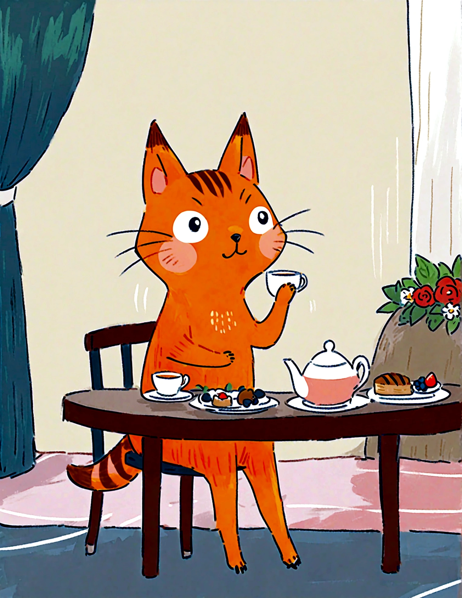  tea party with forest animals. The cat is seated at a small table with rabbits, squirrels, and birds, all enjoying tea and pastries. The background includes a cozy woodland setting with flowers and greenery, creating a charming and delightful atmosphere.