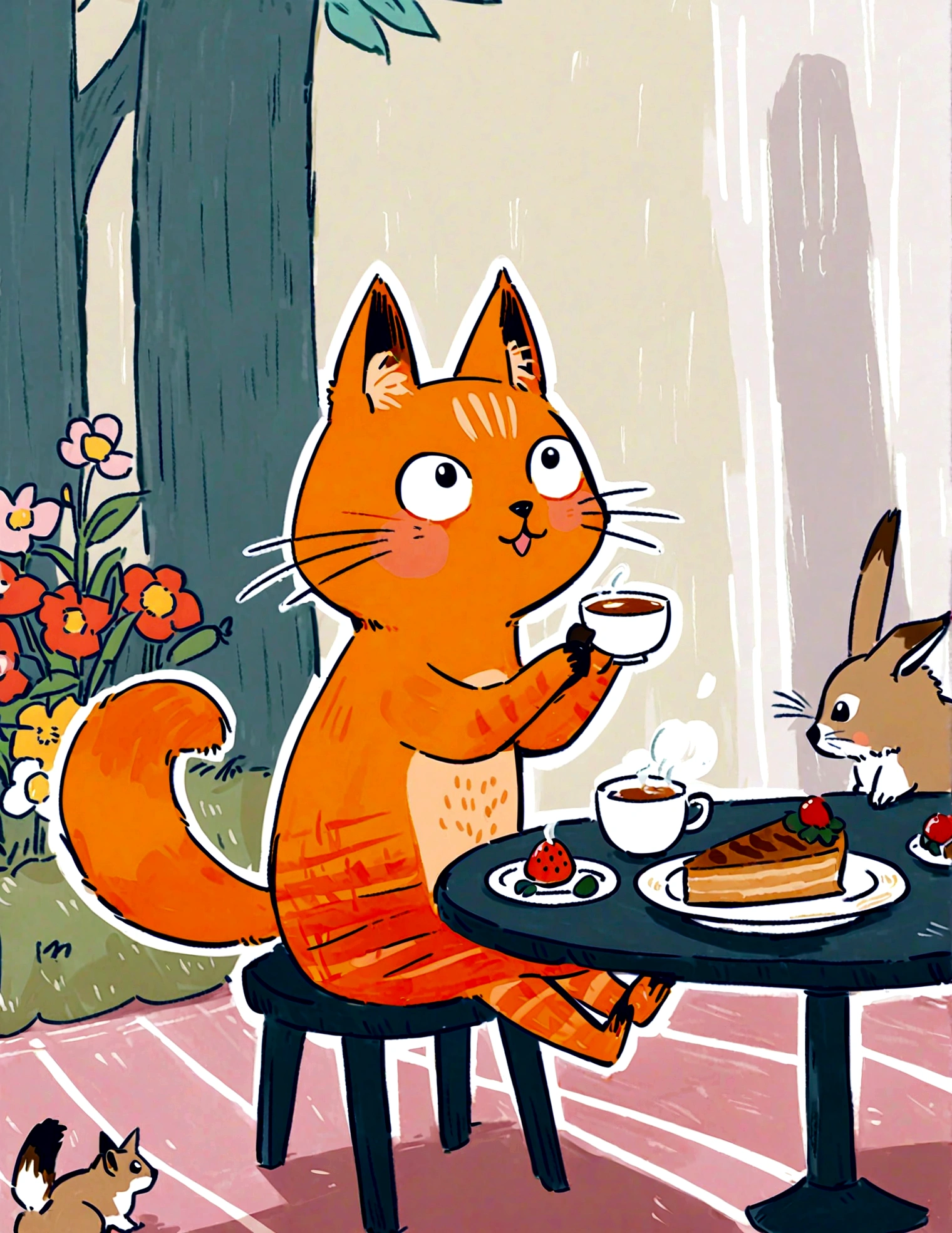 tea party with forest animals. The cat is seated at a small table with rabbits, squirrels, and birds, all enjoying tea and pastries. The background includes a cozy woodland setting with flowers and greenery, creating a charming and delightful atmosphere.