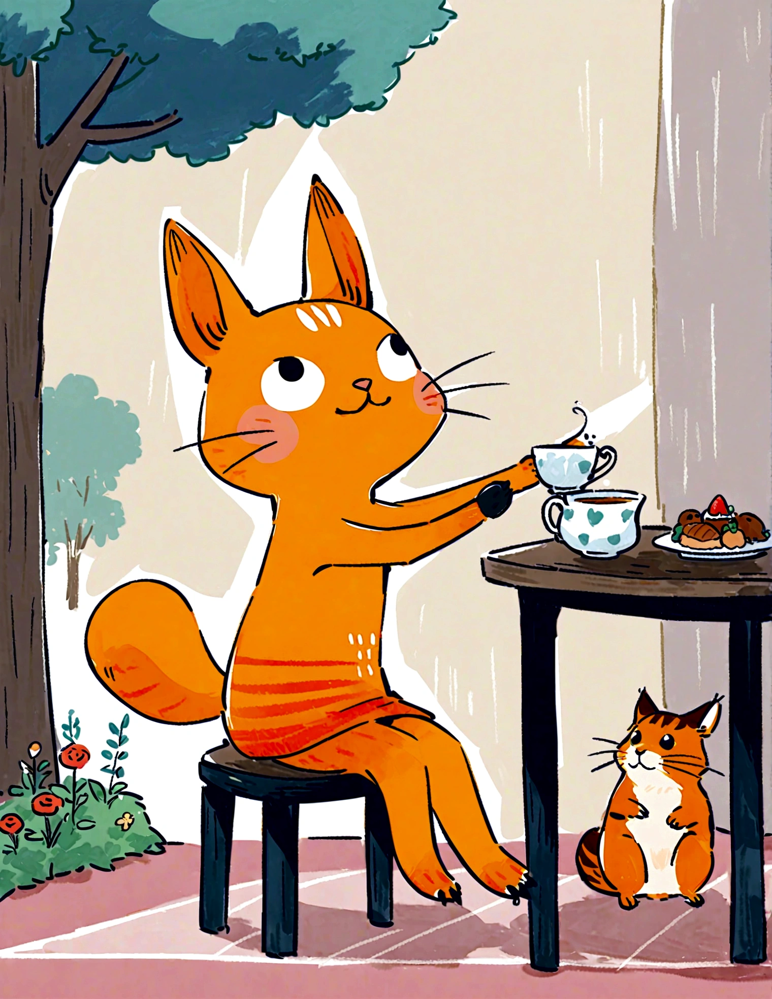  tea party with forest animals. The cat is seated at a small table with rabbits, squirrels, and birds, all enjoying tea and pastries. The background includes a cozy woodland setting with flowers and greenery, creating a charming and delightful atmosphere.