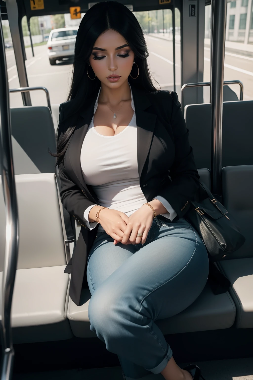 1 beautiful woman, black hair, large body, eyes closed, eyelids made up, pearl earrings, neckline, white shirt, black jacket over the shirt, light blue jean pants, black shoes with heels, black bag, hands crossed, asleep , asleep sitting on the bus, Eyes closed, Lucy Pinder, breasts, voluptuous woman, ((Very intense makeup)).
