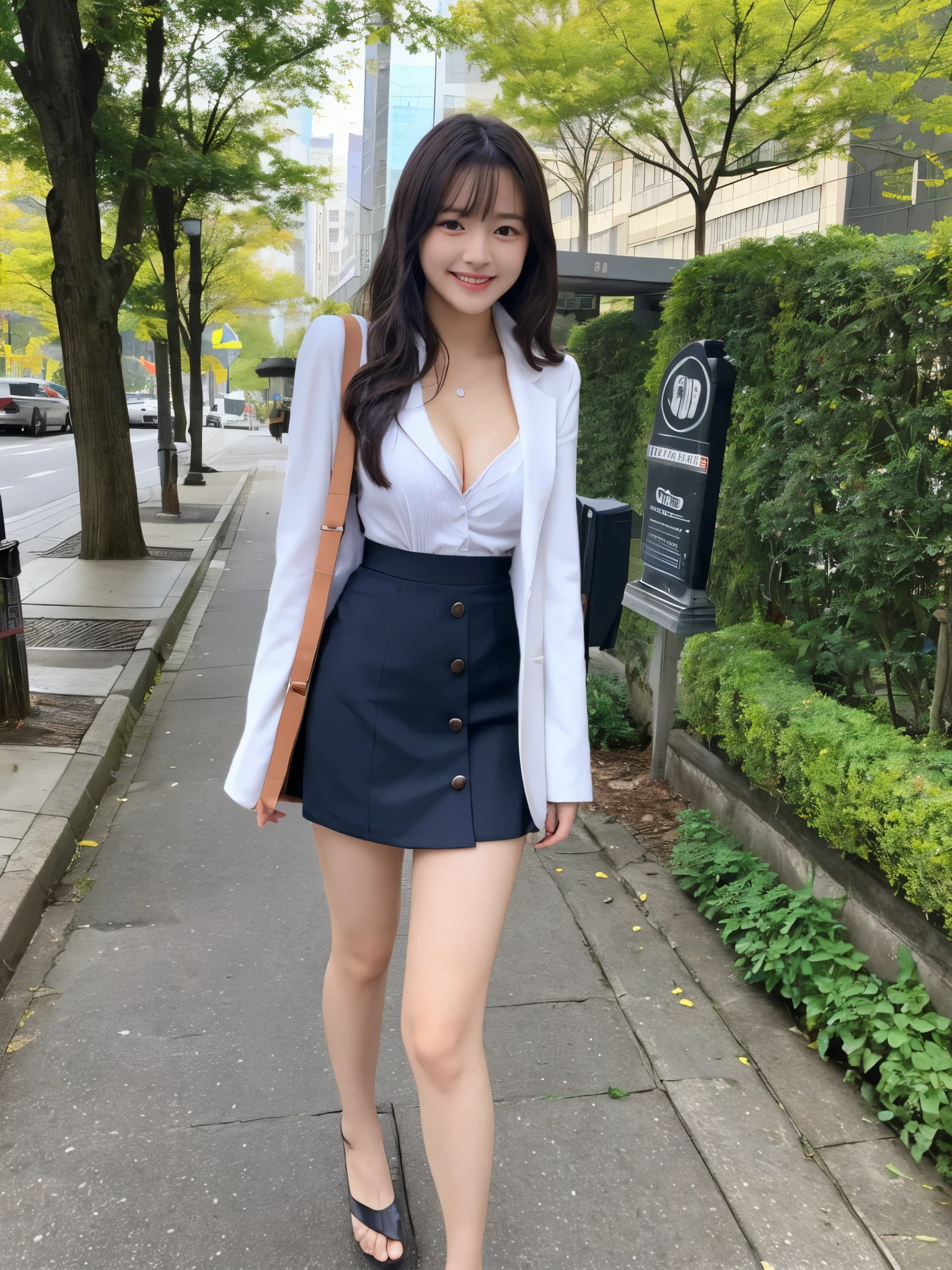 masterpiece、超High resolution、She is very cute and young like an idol..々A cute 18-year-old businesswoman、Gentle and cute、A kind smile、A business jacket that shows off cleavage、Medium Bust、Business Mini Skirt、Walking on urban sidewalks　whole body、RAW Photos、Genuine、High resolution、live-action