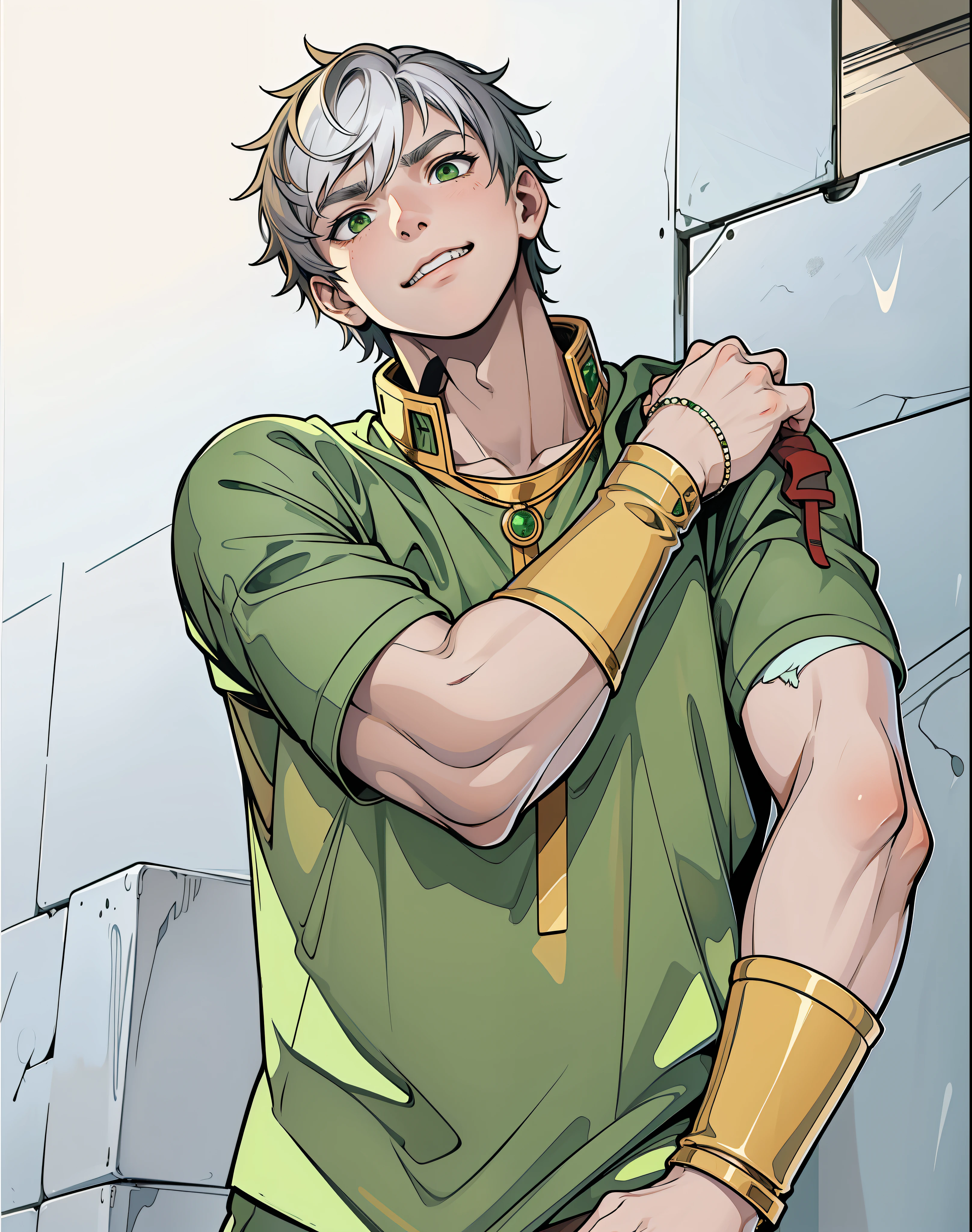 He is worried, a little scared,  young man, white hair, green eyes, golden jewelry, old green t-shirt.