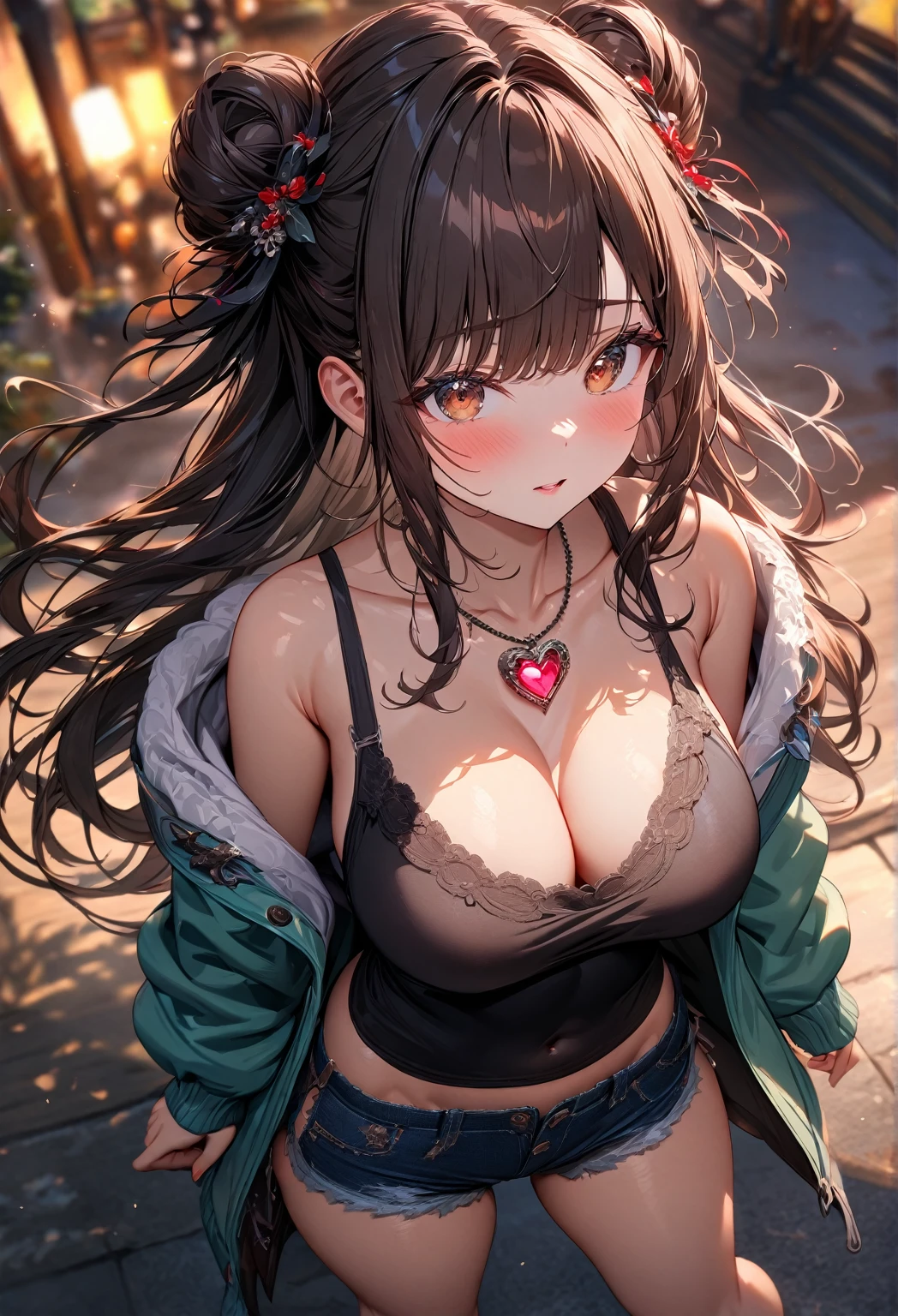 1girl, (best quality, top details, high quality, detailed, highest quality, recent, nsfw, greater quality, highres, ultra fine painting, masterpiece), digital art, 8k CG wallpaper, 4k, 8k resolution, from above, CG, detailed background, high resolution, epic lighting, RAW photo, POV shot, sharp focus, HDR, UHD, professional photography, good lighting, soft light, soft colors, looking at viewer, detailed lights and shadows, niji style, stylish, ultra, ultra-detailed, trending art, master crafted, blurry background, pose, top quality, details, solo, a nervous girl, (big medium breasts:1.2), tight bust, flushtered, nice hips, nice body, casual, innocent face, cute, slim, nervous face, brown hair, long flowing hair, twin buns hairstyle, long bangs, (long hair), middle hair bangs, brown eyes, full body, ((tight black string tanktop:1.2), exposed tummy, off shoulder green open hoodie, shorts, one big red gem heart necklace, heart eyes)